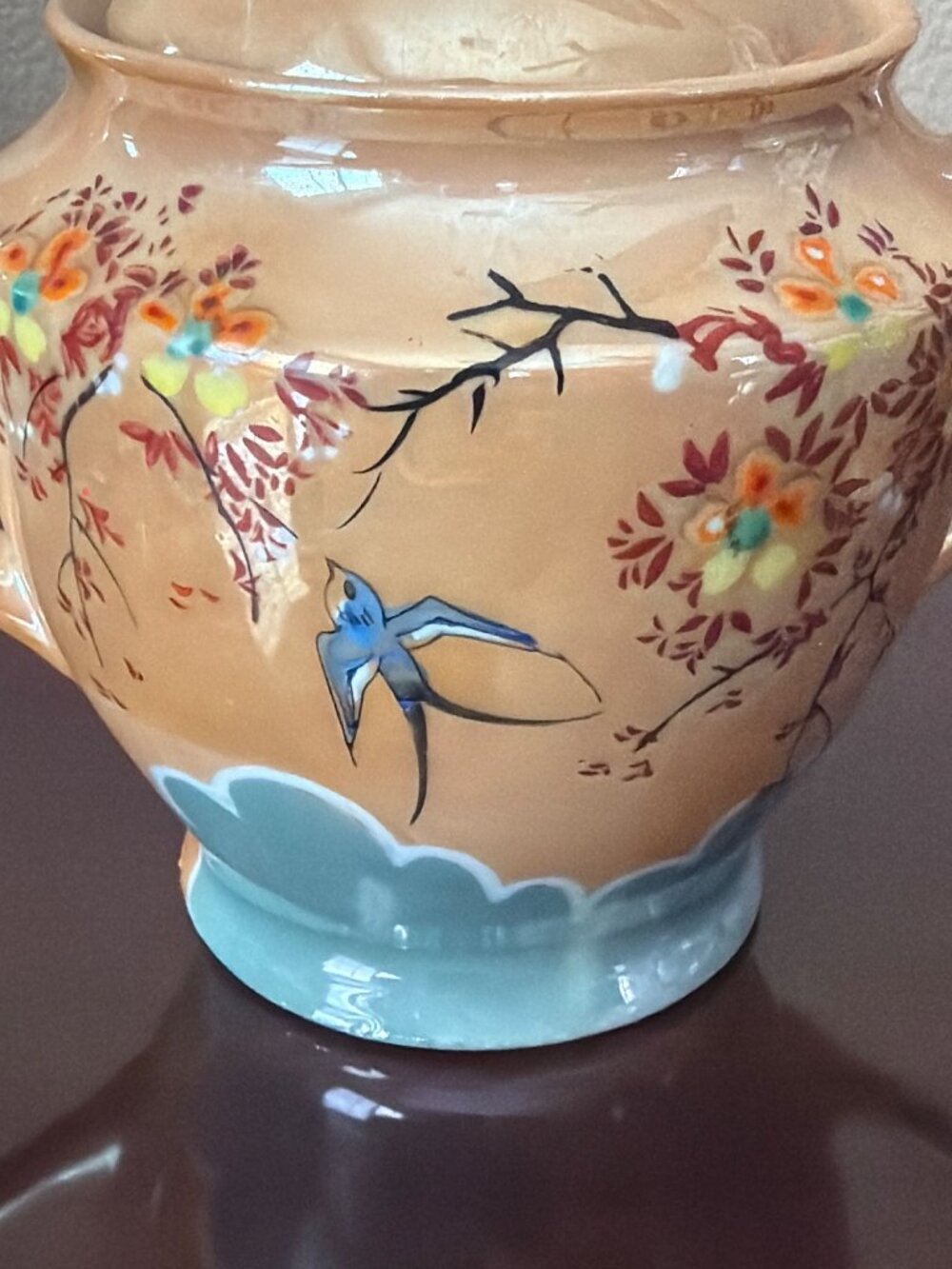 Vintage Hand Painted Japanese Peach Lusterware Sugar Bowl & Creamer Set Bluebird - Picture 4 of 12